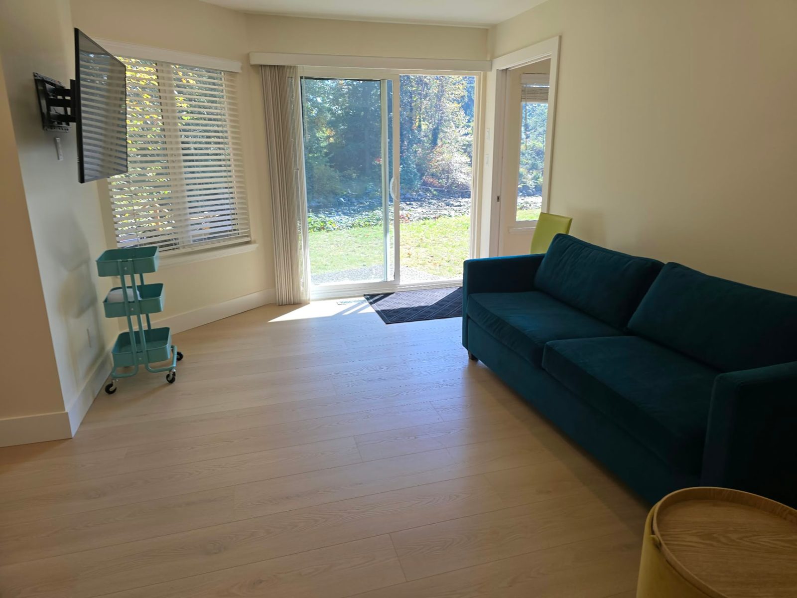 Living room with a blue sofa, wall-mounted TV and a sliding glass door onto the lawn and river.