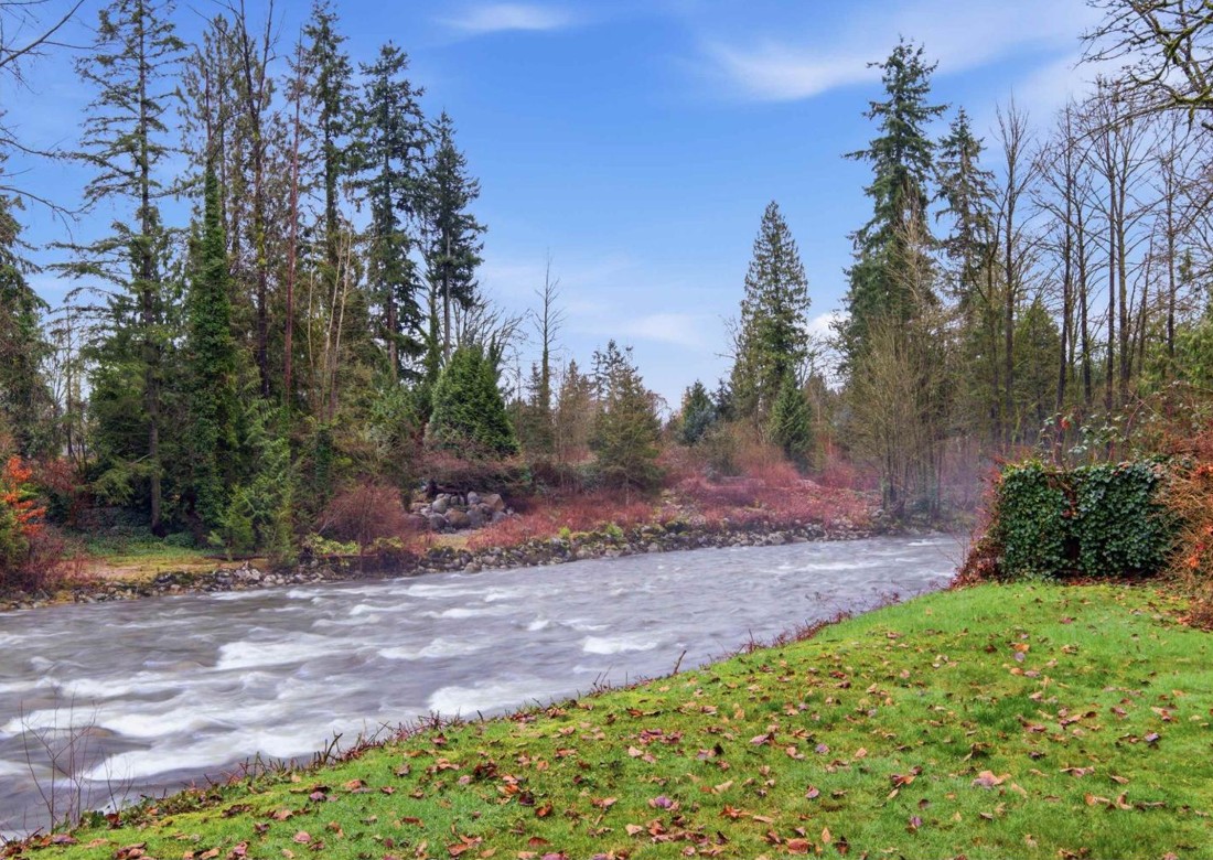 The Seymour River running high past the lawn in winter
