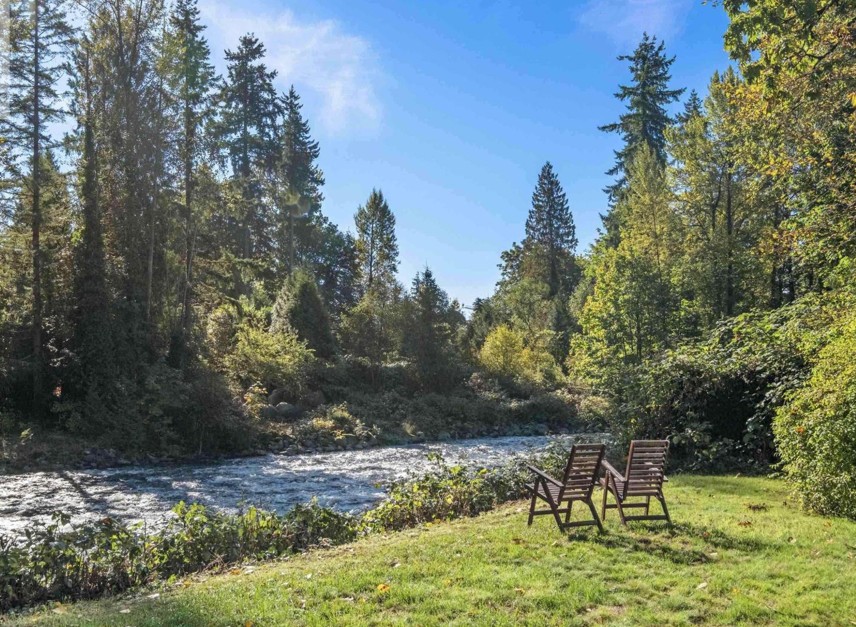 Two wooden chairs on the lawn at the edge of the river